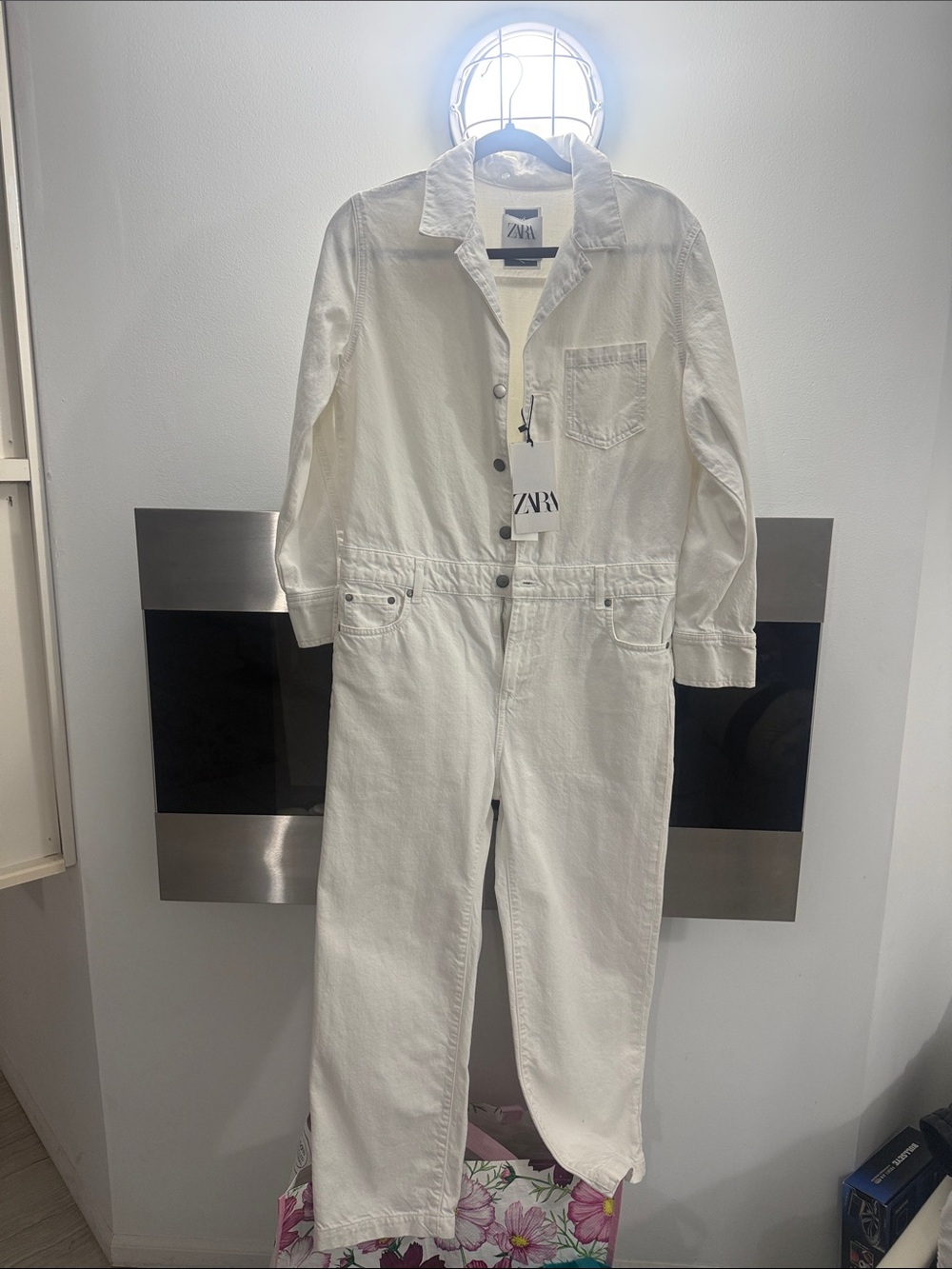 Zara White Denim Boiler Jumpsuit